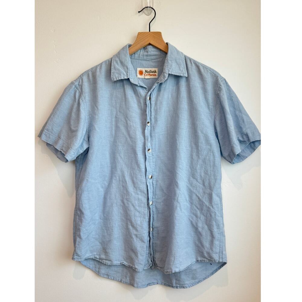 Mollusk California Light Blue Linen Blend Button Up Shirt Short Sleeve Men's M